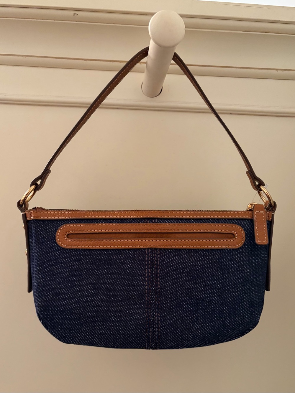 Fossil Navy Denim Mini Shoulder Bag with Caramel Trim